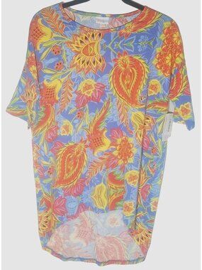 Lula Roe Irma short sleeve shirt floral purple polyester blend high new xxs READ